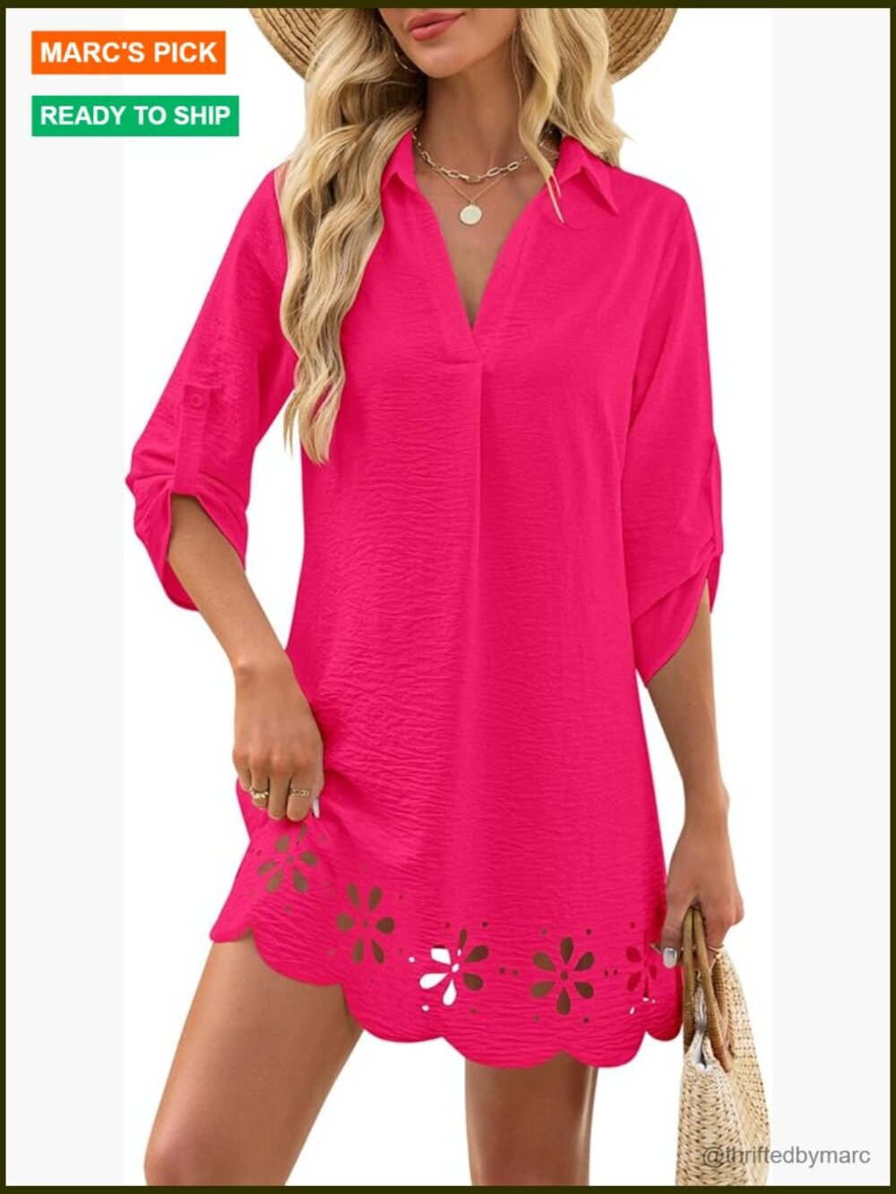 V Neck Floral Hollow-Out 3/4 Sleeve Swimsuit Coverup Beach Dress